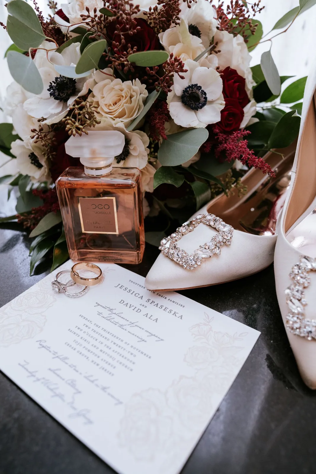 Wedding day details — bouquet, invitation and bridal shoes — Maximus Visions wedding photography, New Jersey & New York City