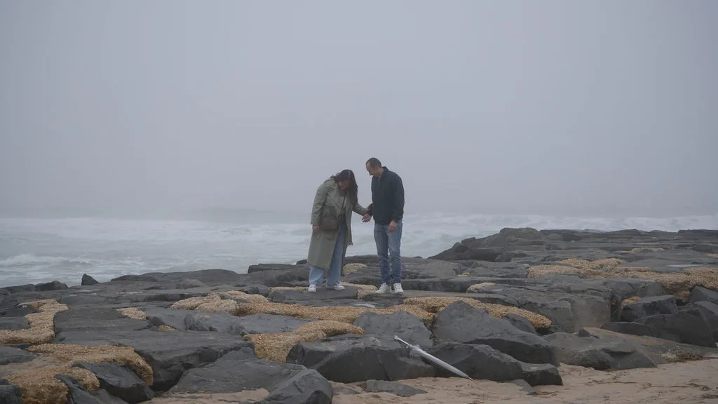 The newly engaged couple together on the rocks, the grey Atlantic stretching out behind — Maximus Visions, New Jersey